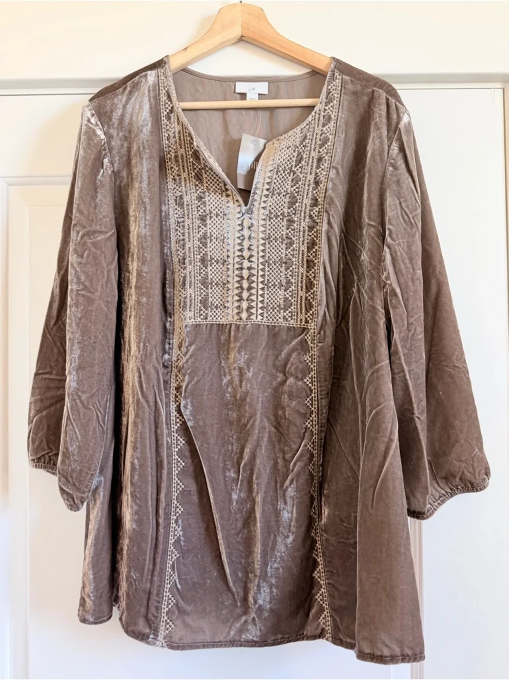 J. Jill Mocha Velvet Tunic with Embroidered Yoke - Picture 1 of 6